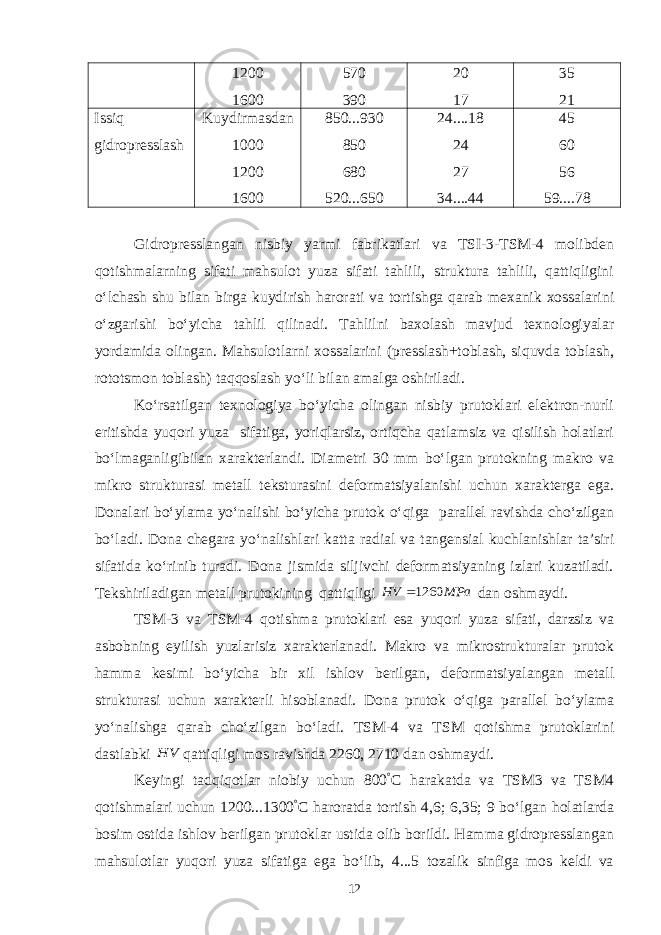 1200 1600 570 390 20 17 35 21 Issiq gidropresslash Kuydirmasdan 1000 1200 1600 850...930 850 680 520...650 24....18 24 27 34....44 45 60 56 59....78 Gidropresslangan nisbiy yarmi fabrikatlari va TSI-3-TSM-4 molibden qotishmalarning sifati mahsulot yuza sifati tahlili, struktura tahlili, qattiqligini o‘lchash shu bilan birga kuydirish harorati va tortishga qarab mexanik xossalarini o‘zgarishi bo‘yicha tahlil qilinadi. Tahlilni baxolash mavjud texnologiyalar yordamida olingan. Mahsulotlarni xossalarini (presslash+toblash, siquvda toblash, rototsmon toblash) taqqoslash yo‘li bilan amalga oshiriladi. Ko‘rsatilgan texnologiya bo‘yicha olingan nisbiy prutoklari elektron-nurli eritishda yuqori yuza sifatiga, yoriqlarsiz, ortiqcha qatlamsiz va qisilish holatlari bo‘lmaganligibilan xarakterlandi. Diametri 30 mm bo‘lgan prutokning makro va mikro strukturasi metall teksturasini deformatsiyalanishi uchun xarakterga ega. Donalari bo‘ylama yo‘nalishi bo‘yicha prutok o‘qiga parallel ravishda cho‘zilgan bo‘ladi. Dona chegara yo‘nalishlari katta radial va tangensial kuchlanishlar ta’siri sifatida ko‘rinib turadi. Dona jismida siljivchi deformatsiyaning izlari kuzatiladi. Tekshiriladigan metall prutokining qattiqligi MPa НV 1260 dan oshmaydi. TSM-3 va TSM-4 qotishma prutoklari esa yuqori yuza sifati, darzsiz va asbobning eyilish yuzlarisiz xarakterlanadi. Makro va mikrostrukturalar prutok hamma kesimi bo‘yicha bir xil ishlov berilgan, deformatsiyalangan metall strukturasi uchun xarakterli hisoblanadi. Dona prutok o‘qiga parallel bo‘ylama yo‘nalishga qarab cho‘zilgan bo‘ladi. TSM-4 va TSM qotishma prutoklarini dastlabki HV qattiqligi mos ravishda 2260, 2710 dan oshmaydi. Keyingi tadqiqotlar niobiy uchun 800 ° C harakatda va TSM3 va TSM4 qotishmalari uchun 1200...1300 ° C haroratda tortish 4,6; 6,35; 9 bo‘lgan holatlarda bosim ostida ishlov berilgan prutoklar ustida olib borildi. Hamma gidropresslangan mahsulotlar yuqori yuza sifatiga ega bo‘lib, 4...5 tozalik sinfiga mos keldi va 12 