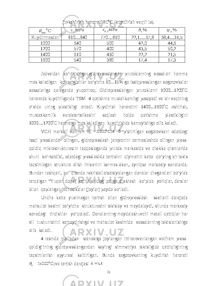 (tekshirish harorati 20 0 С, kuydirish vaqti 1s ).C kuy 0  MPav MPa2,0 %1 %k  Kuydirmasdan 810....840 770....810 22,1.....17,8 38,4....31,5 1000 640 500 42,0 44,6 1200 570 400 43,5 50,2 1400 610 430 22,2 21,5 1600 540 380 17,4 17,3 Jadvaldan ko‘rinishiga gidropresslangan prutoklarning xossalari hamma mos keladigan ko‘rsatgichlar bo‘yicha 10...15% ga issiqpresslangan zagotovkalar xossalariga qaraganda yuqoriroq. Gidropresslangan prutoklarni 1000...1200 ° C haroratda kuydirilganda TSM -4 qotishma mustahkamligi pasayadi va bir vaqtning o‘zida uning plastikligi ortadi. Kuydirish haroratini 1400...1600 ° C oshirish, mustaxkamlik xarakteristikasini saqlash holda qotishma plastikligini 1000....1200 ° C haroratga mos keladigan kuydirishda kamayishiga olib keladi. VCH markali volfram 5 ; 15000 0     C k pishirilgan zagotovkani odatdagi issqi presslanda olingan, gidropresslash jarayonini tormozlashda olingan press- qoldiq mikrostrukturasini taqqoslaganda prutok markazida va chekka qismlarida shuni ko‘rsatdiki, odatdagi presslashda tortishni qiymatini katta qo‘ying bir tekis taqsimlagan struktura olish imkonini bermas ekan, ayniqsa markaziy zonalarda. Bundan tashqari, bu qismda rekristallaizatsiyalangan donalar chegaralari bo‘ylab tarqalgan “Yuqori dona” ko‘rinishidagi to‘rga o‘xshash ko‘plab yoriqlar, darzlar bilan qoplangan uchastkalar (joylar) paydo bo‘ladi. Uncha katta yuzlmagan tortish bilan gidropresslash sezilarli darajada mahsulot kesimi bo‘yicha strukturasini tekislay va maydalaydi, shunda markaziy zonadagi tirqishlar yo‘qoladi. Donalarning maydalashuvchi metall qattiqlar har xil tushunishini kamaytirishga va mahsulot kesimida xossalarning tekislanishiga olib keladi. 4-rasmda molibden stanokiga joylangan ittirorovanlangan volfram press- qoldig‘ining gidropresslangandan keyingi simmetriya tekisligida qattiqligining taqsimlanish epyurasi keltirilgan. Bunda zagotovkaning kuydirish harorati ; 15000 0C k  va tortish darajasi 1,5   15 