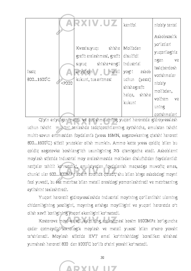 Issiq 800...1600 ° C <2000 Kvazisuyuq: shisha grafit aralashmasi, grafit suyuq shisha+engil eriydigan metall kukuni, tuz eritmasi kanifol Molibden disulfidi industrial yog‘i asbob uchun (pasta) shishagrafit halqa, shisha kukuni niobiy tantal Asbobsozlik po‘latlari yuqorilegirla ngan va issiqbardosh votishmalar niobiy molibden, volfram va uning qotishmalari Qiyin eriydigan metall va qotishmalarning yuqori haroratda gidropresslash uchun ishchi muhitni tanlashda tadqiqotchilarning aytishicha, emulsion ishchi muhit-sovun eritmasidan foydalanib (press 16MN, zagotovkaning qizishi harorati 800...1600 ° C) sifatli prutoklar olish mumkin. Ammo katta press qoldiq bilan bu qoldiq zagotovka boshlang‘ich uzunligining 2/3 qismigacha etadi. Asboblarni moylash sifatida industrial moy aralashmasida molibden dislufididan foydalanildi natijalar tahlili ko‘rsatdiki, emulsiyadan foydalanish maqsadga muvofiq emas, chunki ular 600...800MPa bosim atrofida qotadi, shu bilan birga asbobdagi moyni faol yuvadi, bu esa matritsa bilan metall orasidagi yomonlashtiradi va matritsaning eyilishini tezlashtiradi. Yuqori haroratli gidropresslashda industrial moyining qo‘llanilishi ularning chidamligining pastligini, moyning erishga moyilligini va yuqori haroratda o‘t olish xavfi borligining yuqori ekanligini ko‘rsatadi. Kostorova moyi va etil spirtining aralashmasi bosim 1600MPa bo‘lguncha qadar qotmaydi, texnologik moylash va metall yuzasi bilan o‘zaro yaxshi ta’sirlanadi. Moylash sifatida EVT emal ko‘rinishidagi borsilikat shishasi yumshash harorati 800 dan 1000 ° C bo‘lib o‘zini yaxshi ko‘rsatadi. 39 