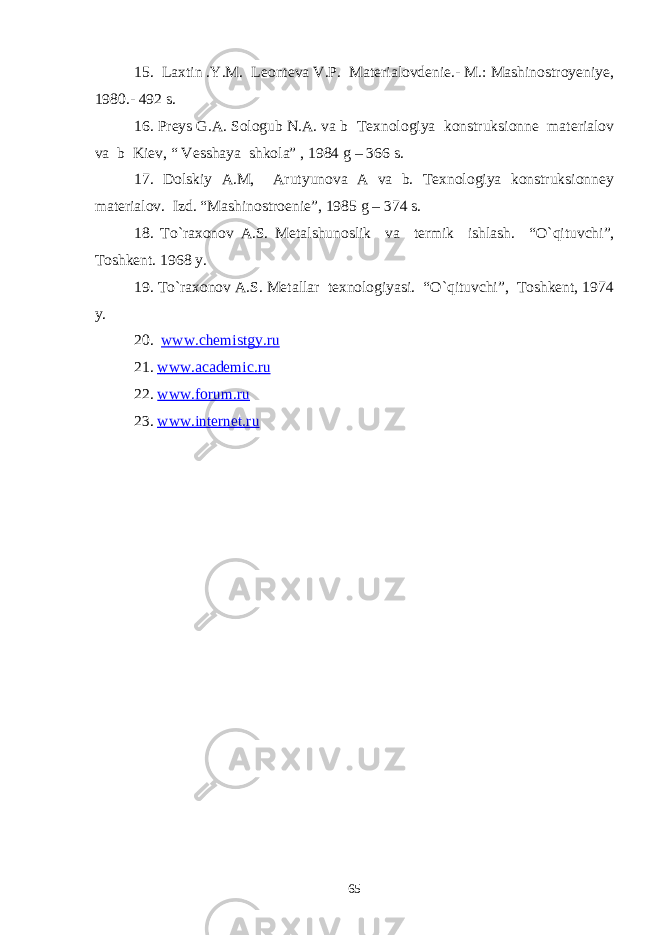 15. Laxtin .Y.M. Leonteva V.P. Materialovdenie.- M.: Mashinostroyeniye, 1980.- 492 s. 16. Preys G.A. Sologub N.A. va b Texnologiya konstruksionne materialov va b Kiev, “ Vesshaya shkola” , 1984 g – 366 s. 17. Dolskiy A.M, Arutyunova A va b. Texnologiya konstruksionney materialov. Izd. “Mashinostroenie”, 1985 g – 374 s. 18. To`raxonov A.S. Metalshunoslik va termik ishlash. “O`qituvchi”, Toshkent. 1968 y . 19. To`raxonov A.S. Metallar texnologiyasi. “O`qituvchi”, Toshkent, 1974 y. 20. www.chemistgy.ru 21. www.academic. ru 22 . www.forum.ru 23. www. internet.ru 65 