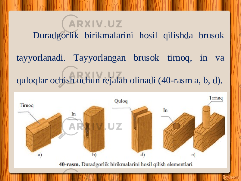 Duradgorlik birikmalarini hosil qilishda brusok tayyorlanadi. Tayyorlangan brusok tirnoq, in va quloqlar ochish uchun rejalab olinadi (40-rasm a, b, d). 