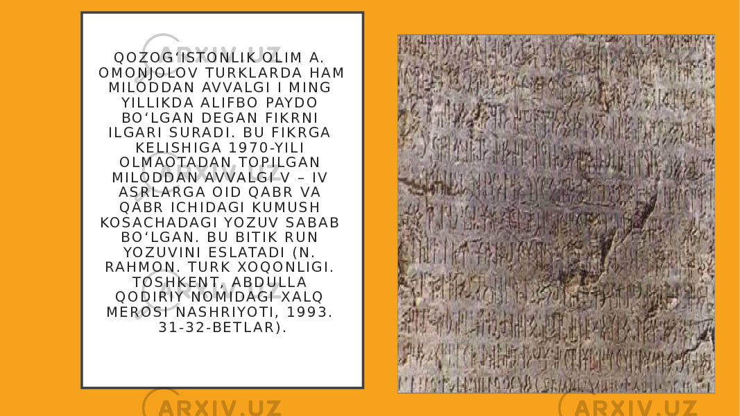 Q O Z O G ʻ I S T O N L I K O L I M A . O M O N J O L O V T U R K L A R D A H A M M I L O D D A N AV VA L G I I M I N G Y I L L I K D A A L I F B O PAY D O B O ʻ L G A N D E G A N F I K R N I I L G A R I S U R A D I . B U F I K R G A K E L I S H I G A 1 9 7 0 -Y I L I O L M A O TA D A N T O P I L G A N M I L O D D A N AV VA L G I V – I V A S R L A R G A O I D Q A B R VA Q A B R I C H I D A G I K U M U S H K O S A C H A D A G I Y O Z U V S A B A B B O ʻ L G A N . B U B I T I K R U N Y O Z U V I N I E S L ATA D I ( N . R A H M O N . T U R K XO Q O N L I G I . T O S H K E N T , A B D U L L A Q O D I R I Y N O M I D A G I X A L Q M E R O S I N A S H R I YO T I , 1 9 9 3 . 3 1 - 3 2 - B E T L A R ) . 