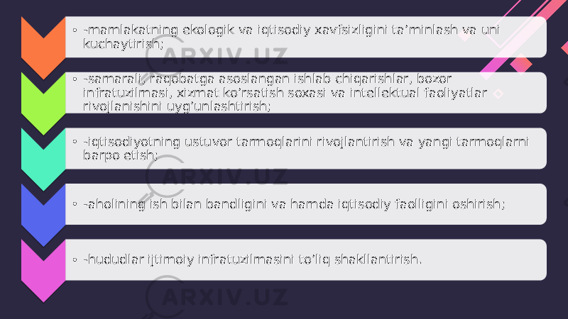  • -mamlakatning ekologik va iqtisodiy xavfsizligini ta’minlash va uni kuchaytirish; • -samarali, raqobatga asoslangan ishlab chiqarishlar, bozor infratuzilmasi, xizmat ko’rsatish soxasi va intellektual faoliyatlar rivojlanishini uyg’unlashtirish; • -iqtisodiyotning ustuvor tarmoqlarini rivojlantirish va yangi tarmoqlarni barpo etish; • -aholining ish bilan bandligini va hamda iqtisodiy faolligini oshirish; • -hududlar ijtimoiy infratuzilmasini to’liq shakllantirish.0A 0A 0A 0A 0A 