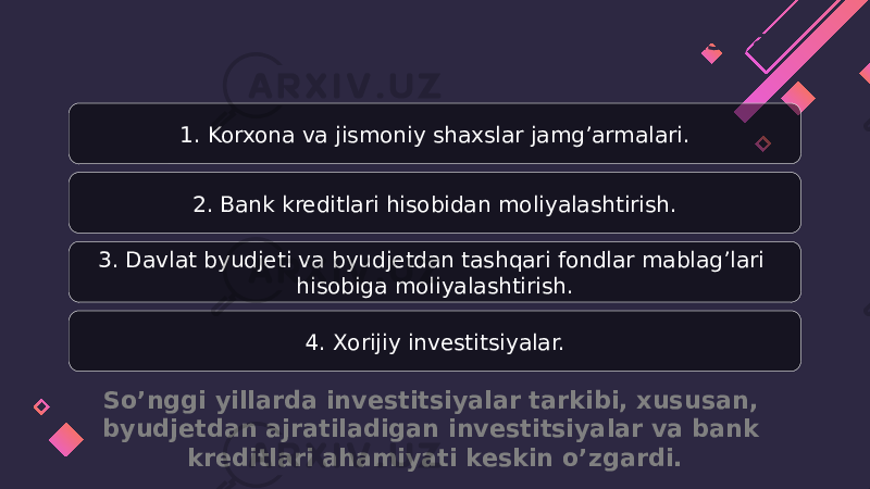 Hozirgi kunda Respublikamizda investitsiya faoliyatini moliyalashtirishning quyidagi manbalari mavjuddir: 1. Korxona va jismoniy shaxslar jamg’armalari. 2. Bank kreditlari hisobidan moliyalashtirish. 3. Davlat byudjeti va byudjetdan tashqari fondlar mablag’lari hisobiga moliyalashtirish. 4. Xorijiy investitsiyalar. So’nggi yillarda investitsiyalar tarkibi, xususan, byudjetdan ajratiladigan investitsiyalar va bank kreditlari ahamiyati keskin o’zgardi. 