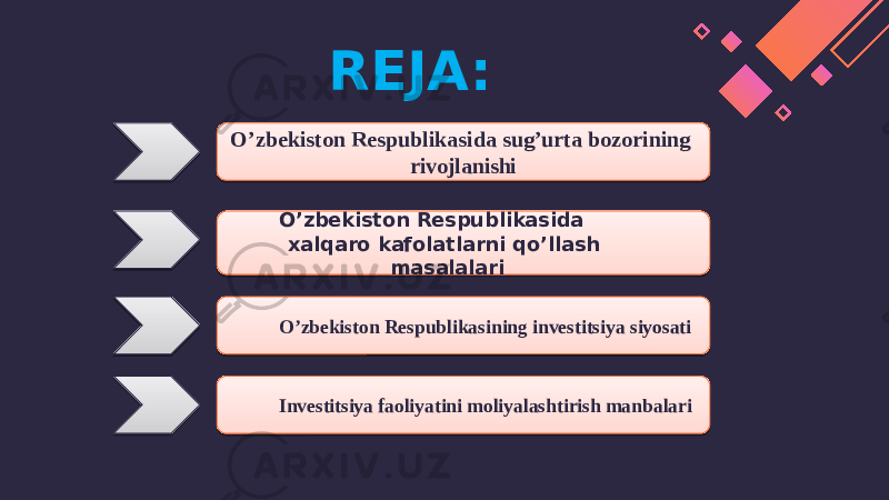 REJA: O’zbekiston Respublikasida xalqaro kafolatlarni qo’llash masalalariREJA: O’zbekiston Respublikasida sug’urta bozorining rivojlanishi O’zbekiston Respublikasining investitsiya siyosati Investitsiya faoliyatini moliyalashtirish manbalari06 11 01 11 17 11 0B 11 18 1C 01 0C 0D05080E 0C 080F 0C 04 0C 14 01 19 