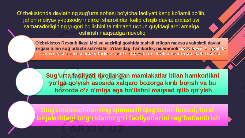 O’zbekistonda davlatning sug’urta sohasi bo’yicha faoliyati keng ko’lamli bo’lib, jahon moliyaviy-iqtisodiy inqirozi sharoitidan kelib chiqib davlat aralashuvi samaradorligining yuqori bo’lishini ta’minlash uchun quyidagilarni amalga oshirish maqsadga muvofiq O’zbekiston Respublikasi Moliya vazirligi qoshida tashkil etilgan maxsus vakolatli davlat organi bilan sug’urtachi sub’ektlar o’rtasidagi hamkorlik, muammoli masalalarni birgalikda hal etuvchi o’zaro manfaatdorlik asosida ishlovchi tuzilmali mexanizmni shakllantirish Sug’urta faoliyati rivojlangan mamlakatlar bilan hamkorlikni yo’lga qo’yish asosida xalqaro bozorga kirib borish va bu bozorda o’z o’rniga ega bo’lishni maqsad qilib qo’yish Sug’urtalovchilarning qimmatli qog’ozlar bozori, fond birjalaridagi to’g’ridanto’g’ri faoliyatlarini rag’batlantirish 