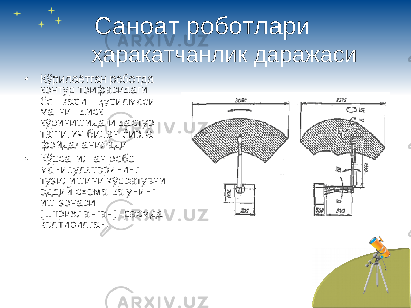 Саноат роботлари ҳ аракатчанлик даражаси • Кўрилаётган роботда контур тоифасидаги бошқариш қурилмаси магнит диск кўринишидаги дастур ташигич билан бирга фойдаланилади. • Кўрсатилган робот манипуляторининг тузилишини кўрсатувчи оддий схема ва унинг иш зонаси (штрихланган) -расмда келтирилган. 