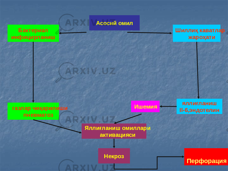  газлар чиқарилиши пневматозБактериал инфицирланиш Асосий омил Шиллиқ каватлар жароҳати яллиғланиш Il-6,эндотелин Яллиғланиш омиллари активацияси Некроз ПерфорацияИшемия 