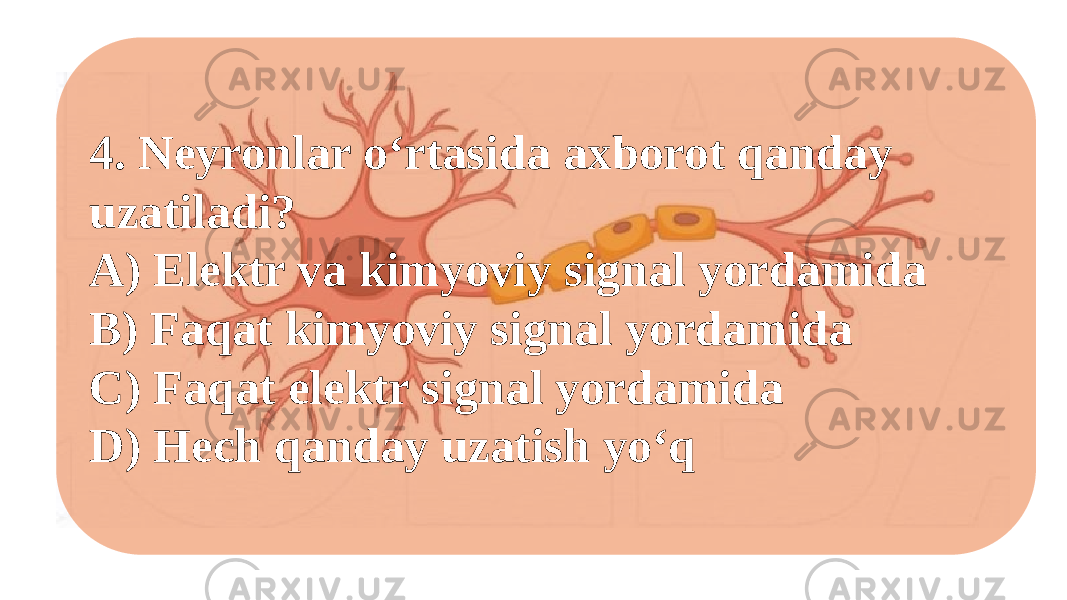 4. Neyronlar o‘rtasida axborot qanday uzatiladi? A) Elektr va kimyoviy signal yordamida B) Faqat kimyoviy signal yordamida C) Faqat elektr signal yordamida D) Hech qanday uzatish yo‘q 