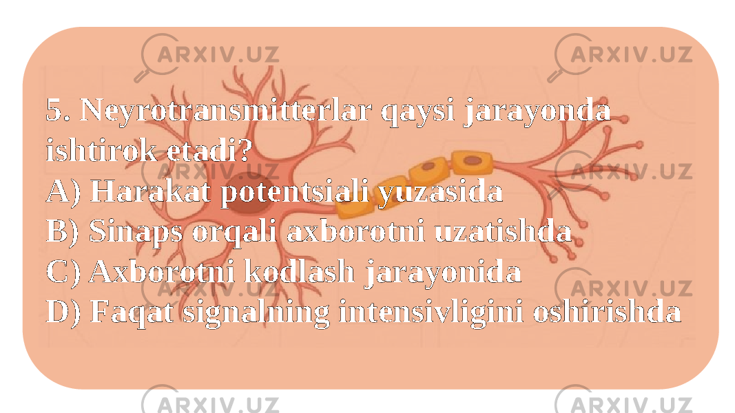 5. Neyrotransmitterlar qaysi jarayonda ishtirok etadi? A) Harakat potentsiali yuzasida B) Sinaps orqali axborotni uzatishda C) Axborotni kodlash jarayonida D) Faqat signalning intensivligini oshirishda 