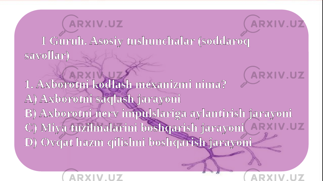  I Guruh. Asosiy tushunchalar (soddaroq savollar) 1. Axborotni kodlash mexanizmi nima? A) Axborotni saqlash jarayoni B) Axborotni nerv impulslariga aylantirish jarayoni C) Miya tuzilmalarini boshqarish jarayoni D) Ovqat hazm qilishni boshqarish jarayoni 