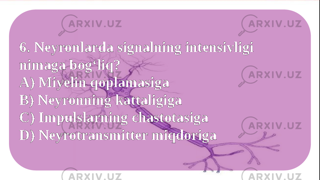 6. Neyronlarda signalning intensivligi nimaga bog‘liq? A) Miyelin qoplamasiga B) Neyronning kattaligiga C) Impulslarning chastotasiga D) Neyrotransmitter miqdoriga 