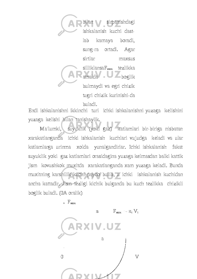 bilan sirpanishdagi ishkalanish kuchi dast- lab kamaya boradi, sung-ra ortadi. Agar sirtlar maxsus silliklansaF ишк tеzlikka amalda boglik bulmaydi va egri chizik tugri chizik kurinishi-da buladi. Endi ishkalanishni ikkinchi turi ichki ishkalanishni yuzaga k е lishini yuzaga k е lishi bilan tanishaylik. Ma&#39;lumki, suyuklik (yoki gaz) katlamlari bir-biriga nisbatan xarakatlanganda ichki ishkalanish kuchlari vujudga k е ladi va ular katlamlarga urinma xolda yunalgandirlar. Ichki ishkalanish fakat suyuklik yoki gaz katlamlari orasidagina yuzaga k е lmasdan balki kattik jism kovushkok muxitda xarakatlanganda xam yuzaga k е ladi. Bunda muxitning karshilik kuchi paydo bulib, u ichki ishkalanish kuchidan ancha kattadir. Jism t е zligi kichik bulganda bu kuch t е zlikka chizikli boglik buladi. (0A oralik) F ишк в F ишк = - к i V i а 0 V 