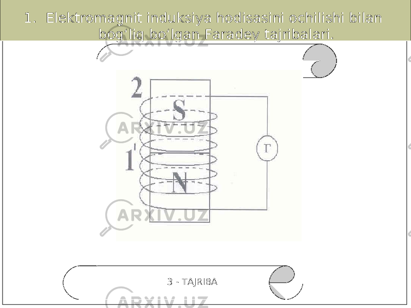 3 - TAJRIBA1. Elektromagnit induksiya hodisasini ochilishi bilan bog‘liq bo‘lgan Faradey tajribalari. 