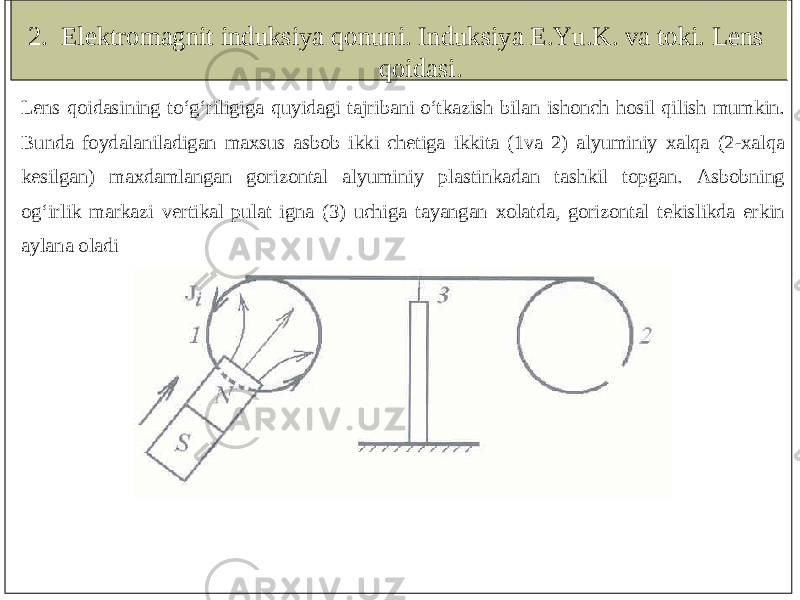 2. Elektromagnit induksiya qonuni. Induksiya E.Yu.K. va toki. Lens qoidasi. Lens qoidasining to‘g‘riligiga quyidagi tajribani o‘tkazish bilan ishonch hosil qilish mumkin. Bunda foydalaniladigan maxsus asbob ikki chetiga ikkita (1va 2) alyuminiy xalqa (2 - xalqa kesilgan) maxdamlangan gorizontal alyuminiy plastinkadan tashkil topgan. Asbobning og‘irlik markazi vertikal pulat igna (3) uchiga tayangan xolatda, gorizontal tekislikda erkin aylana oladi 