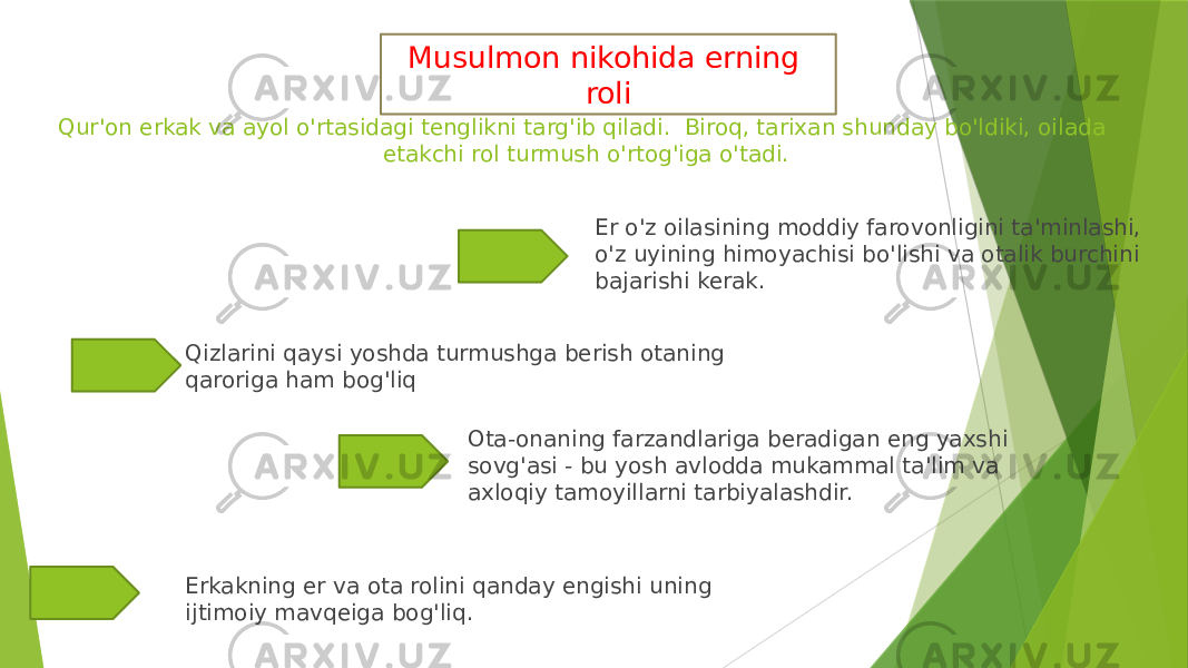 Musulmon nikohida erning roli Erkakning er va ota rolini qanday engishi uning ijtimoiy mavqeiga bog&#39;liq. Er o&#39;z oilasining moddiy farovonligini ta&#39;minlashi, o&#39;z uyining himoyachisi bo&#39;lishi va otalik burchini bajarishi kerak. Ota-onaning farzandlariga beradigan eng yaxshi sovg&#39;asi - bu yosh avlodda mukammal ta&#39;lim va axloqiy tamoyillarni tarbiyalashdir. Qizlarini qaysi yoshda turmushga berish otaning qaroriga ham bog&#39;liqQur&#39;on erkak va ayol o&#39;rtasidagi tenglikni targ&#39;ib qiladi. Biroq, tarixan shunday bo&#39;ldiki, oilada etakchi rol turmush o&#39;rtog&#39;iga o&#39;tadi. 