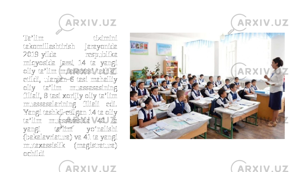 Taʼlim tizimini takomillashtirish jarayonida 2019-yilda respublika miqyosida jami 14 ta yangi oliy taʼlim muassasasi tashkil etildi, ulardan 6 tasi mahalliy oliy taʼlim muassasasining filiali, 8 tasi xorijiy oliy taʼlim muassasalarining filiali edi. Yangi tashkil etilgan 14 ta oliy taʼlim muassasasida 40 ta yangi taʼlim yo‘nalishi (bakalavriatura) va 41 ta yangi mutaxassislik (magistratura) ochildi 