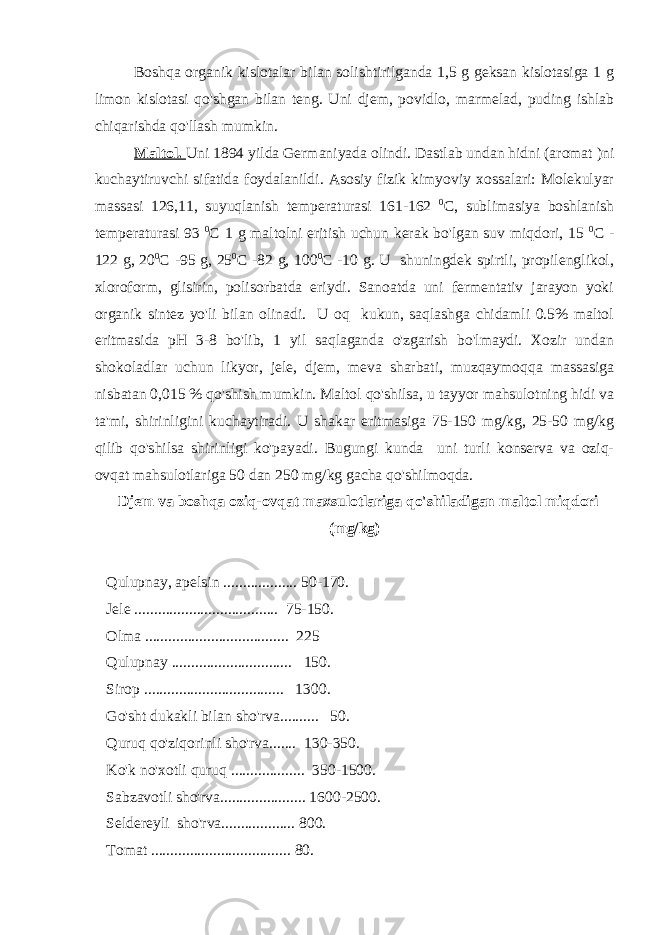 Boshqa organik kislotalar bilan solishtirilganda 1,5 g geksan kislotasiga 1 g limon kislotasi qo&#39;shgan bilan teng. Uni djem, povidlo, marmelad, puding ishlab chiqarishda qo&#39;llash mumkin. Maltol. Uni 1894 yilda Germaniyada olindi. Dastlab undan hidni (aromat )ni kuchaytiruvchi sifatida foydalanildi. Asosiy fizik kimyoviy xossalari: Molekulyar massasi 126,11, suyuqlanish temperaturasi 161-162 0 C, sublimasiya boshlanish temperaturasi 93 0 C 1 g maltolni eritish uchun kerak bo&#39;lgan suv miqdori, 15 0 C - 122 g, 20 0 C -95 g, 25 0 C -82 g, 100 0 C -10 g. U shuningdek spirtli, propilenglikol, xloroform, glisirin, polisorbatda eriydi. Sanoatda uni fermentativ jarayon yoki organik sintez yo&#39;li bilan olinadi. U oq kukun, saqlashga chidamli 0.5% maltol eritmasida pH 3-8 bo&#39;lib, 1 yil saqlaganda o&#39;zgarish bo&#39;lmaydi. Xozir undan shokoladlar uchun likyor, jele, djem, meva sharbati, muzqaymoqqa massasiga nisbatan 0,015 % qo&#39;shish mumkin. Maltol qo&#39;shilsa, u tayyor mahsulotning hidi va ta&#39;mi, shirinligini kuchaytiradi. U shakar eritmasiga 75-150 mg/kg, 25-50 mg/kg qilib qo&#39;shilsa shirinligi ko&#39;payadi. Bugungi kunda uni turli konserva va oziq- ovqat mahsulotlariga 50 dan 250 mg/kg gacha qo&#39;shilmoqda. Djem va boshqa oziq-ovqat maxsulotlariga qo&#39;shiladigan maltol miqdori (mg/kg) Qulupnay, apelsin ................... 50-170. Jele ..................................... 75-150. Olma ..................................... 225 Qulupnay ............................... 150. Sirop .................................... 1300. Go&#39;sht dukakli bilan sho&#39;rva.......... 50. Quruq qo&#39;ziqorinli sho&#39;rva....... 130-350. Ko&#39;k no&#39;xotli quruq ................... 350-1500. Sabzavotli sho&#39;rva...................... 1600-2500. Seldereyli sho&#39;rva................... 800. Tomat .................................... 80. 