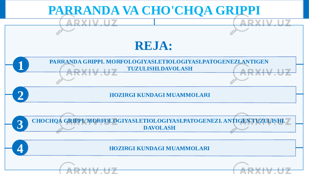 PARRANDA VA CHO&#39;CHQA GRIPPI 1 2 PARRANDA GRIPPI. MORFOLOGIYASI.ETIOLOGIYASI.PATOGENEZI.ANTIGEN TUZULISHI.DAVOLASH 3 HOZIRGI KUNDAGI MUAMMOLARI CHOCHQA GRIPPI. MORFOLOGIYASI.ETIOLOGIYASI.PATOGENEZI. ANTIGEN TUZULISHI. DAVOLASHREJA: 4 HOZIRGI KUNDAGI MUAMMOLARI 