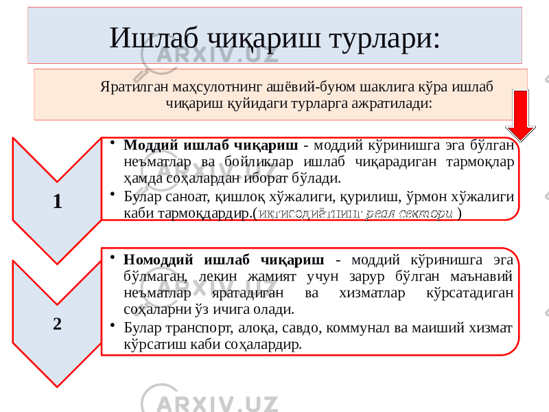 Ишлаб чиқариш турлари: 1 • Моддий ишлаб чиқариш - моддий кўринишга эга бўлган неъматлар ва бойликлар ишлаб чиқарадиган тармоқлар ҳамда соҳалардан иборат бўлади. • Булар саноат, қишлоқ хўжалиги, қурилиш, ўрмон хўжалиги каби тармоқдардир.( иқтисодиётнинг реал сектори ) 2 • Номоддий ишлаб чиқариш - моддий кўринишга эга бўлмаган, лекин жамият учун зарур бўлган маънавий неъматлар яратадиган ва хизматлар кўрсатадиган соҳаларни ўз ичига олади. • Булар транспорт, алоқа, савдо, коммунал ва маиший хизмат кўрсатиш каби соҳалардир.Яратилган маҳсулотнинг ашёвий-буюм шаклига кўра ишлаб чиқариш қуйидаги турларга ажратилади: 