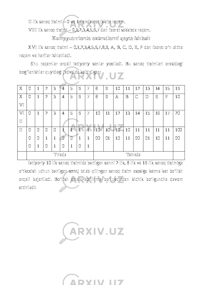 II lik sanoq tizimi – 0 va 1 dan iborat ikkita raqam. VIII lik sanoq tizimi – 0,1,2,3,4,5,6,7 dan iborat sakkizta raqam. Kompyuterlarda axbrotlarni qayta ishlash XVI lik sanoq tizimi – 0,1,2,3,4,5,6,7,8,9, A, B, C, D, E, F dan iborat o’n oltita raqam va harflar ishlatiladi. Shu raqamlar orqali ixtiyoriy sonlar yoziladi. Bu sanoq tizimlari orasidagi bog’lanishlar quyidagi jadvalda keltirilgan: X 0 1 2 3 4 5 6 7 8 9 10 11 12 13 14 15 16 X VI 0 1 2 3 4 5 6 7 8 9 A B C D E F 10 VI II 0 1 2 3 4 5 6 7 10 11 12 13 14 15 16 17 20 II 0 0 0 0 0 1 0 1 0 0 1 1 1 0 0 1 0 1 1 1 0 1 1 1 10 00 10 01 10 10 10 11 11 00 11 01 11 10 11 11 100 00 Triada Tetrada Ixtiyoriy 10 lik sanoq tizimida berilgan sonni 2 lik, 8 lik va 16 lik sanoq tizimiga o’tkazish uchun berilgan sonni talab qilingan sanoq tizim asosiga ketma-ket bo’lish orqali bajariladi. Bo ’ lish amali bo ’ linma bo ’ luvchidan kichik bo ’ lguncha davom ettiriladi : 