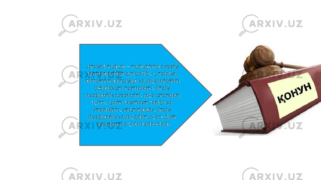 Jinoyat huquqi – huquqning asosiy tarmoqlaridan biri bo‘lib, u nojo‘ya qilmishning jinoiyligi va jazolanishini belgilovchi normalarni, jinoiy javobgarlik asoslarini, jazo choralari tizimi, ularni tayinlash tartibi va shartlarini, shuningdek, jinoiy javobgarlik va jazodan ozod etish asoslarini o‘zida ifoda etadi 