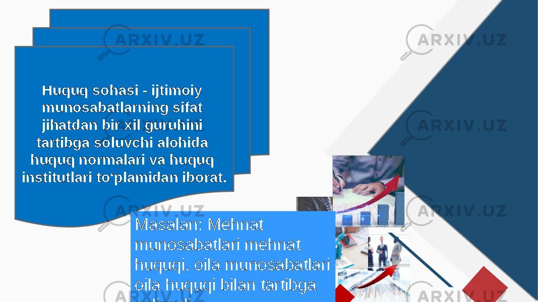 Huquq sohasi - ijtimoiy munosabatlarning sifat jihatdan bir xil guruhini tartibga soluvchi alohida huquq normalari va huquq institutlari toʻplamidan iborat. Masalan: Mehnat munosabatlari mehnat huquqi, oila munosabatlari oila huquqi bilan tartibga solinadi 