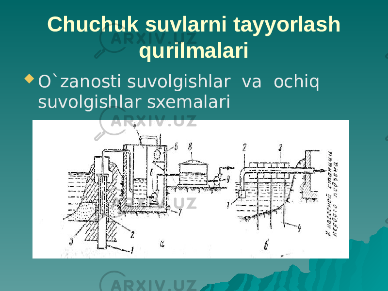 Chuchuk suvlarni tayyorlash qurilmalari  O`zanosti suvolgishlar va ochiq suvolgishlar sxemalari 