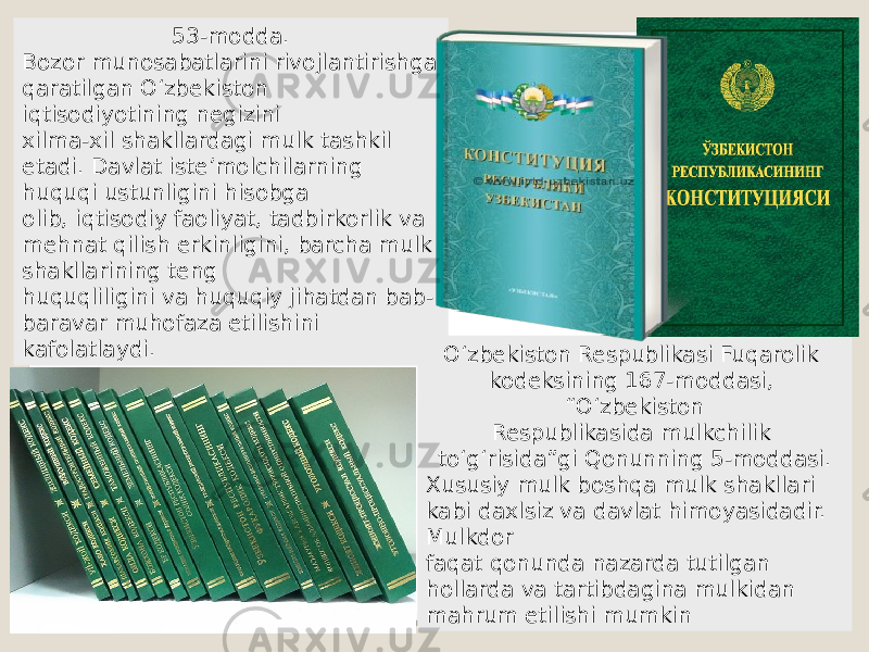 53-modda. Bozor munosabatlarini rivojlantirishga qaratilgan O‘zbekiston iqtisodiyotining negizini xilma-xil shakllardagi mulk tashkil etadi. Davlat iste’molchilarning huquqi ustunligini hisobga olib, iqtisodiy faoliyat, tadbirkorlik va mehnat qilish erkinligini, barcha mulk shakllarining teng huquqliligini va huquqiy jihatdan bab- baravar muhofaza etilishini kafolatlaydi. O‘zbekiston Respublikasi Fuqarolik kodeksining 167-moddasi, “O‘zbekiston Respublikasida mulkchilik to‘g‘risida”gi Qonunning 5-moddasi. Xususiy mulk boshqa mulk shakllari kabi daxlsiz va davlat himoyasidadir. Mulkdor faqat qonunda nazarda tutilgan hollarda va tartibdagina mulkidan mahrum etilishi mumkin 