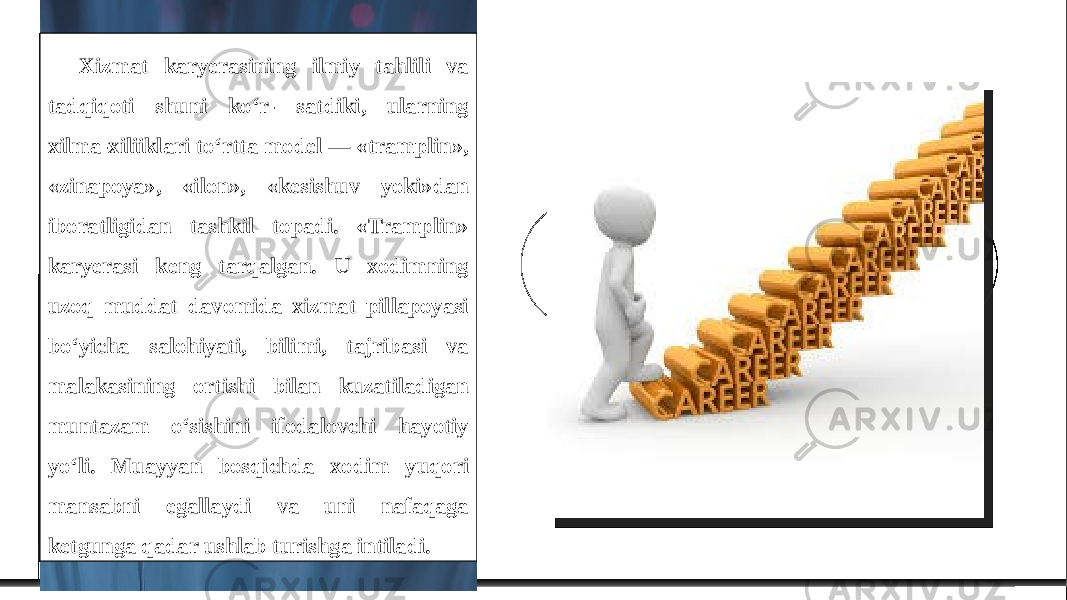 Xizmat karyerasining ilmiy tahlili va tadqiqoti shuni ko‘r- satdiki, ularning xilma-xiliiklari to‘rtta model — «tramplin», «zinapoya», «ilon», «kesishuv yoki»dan iboratligidan tashkil topadi. «Tramplin» karyerasi keng tarqalgan. U xodimning uzoq muddat davomida xizmat pillapoyasi bo‘yicha salohiyati, bilimi, tajribasi va malakasining ortishi bilan kuzatiladigan muntazam o‘sishini ifodalovchi hayotiy yo‘li. Muayyan bosqichda xodim yuqori mansabni egallaydi va uni nafaqaga ketgunga qadar ushlab turishga intiladi. 