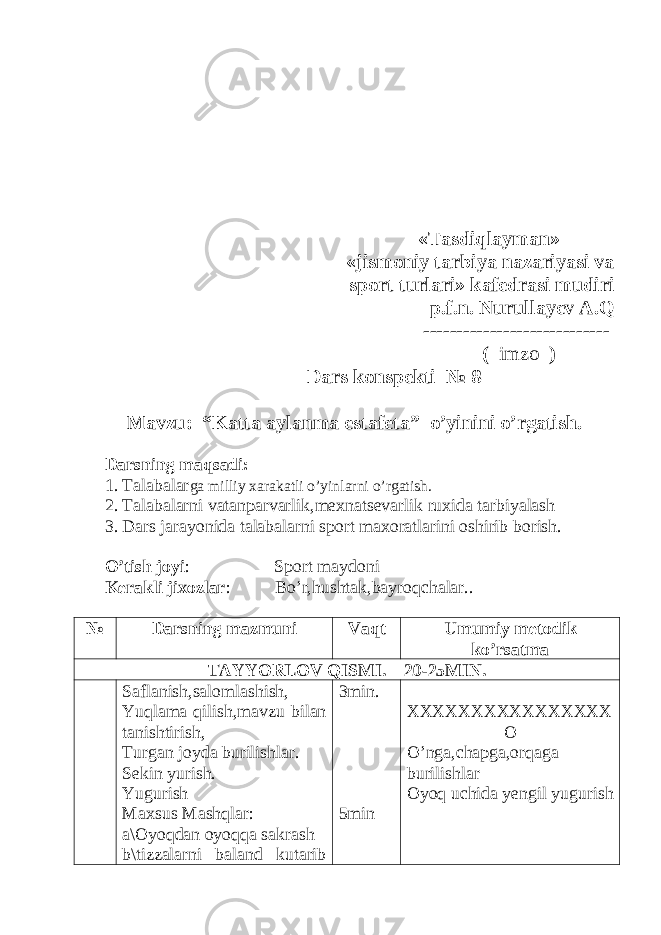  «Tasdiqlayman» «jismoniy tarbiya nazariyasi va sport turlari» kafedrasi mudiri p.f.n. Nurullayev A.Q ---------------------------- ( imzo ) Dars konspekti № 8 Mavzu: “Katta aylanma estafeta” o’yinini o’rgatish. Darsning maqsadi: 1. Talabalar ga milliy xarakatli o’yinlarni o’rgatish. 2. Talabalarni vatanparvarlik,mexnatsevarlik ruxida tarbiyalash 3. Dars jarayonida talabalarni sport maxoratlarini oshirib borish. O’tish joyi : Sport maydoni Kerakli jixozlar : Bo’r,hushtak,bayroqchalar. . № Darsning mazmuni Vaqt Umumiy metodik ko’rsatma TAYYORLOV QISMI. 20-25MIN. Saflanish,salomlashish, Yuqlama qilish,mavzu bilan tanishtirish, Turgan joyda burilishlar. Sekin yurish. Yugurish Maxsus Mashqlar: a\Oyoqdan oyoqqa sakrash b\tizzalarni baland kutarib 3min. 5min XXXXXXXXXXXXXXXX O O ’ nga , chapga , orqaga burilishlar Oyoq uchida yengil yugurish 