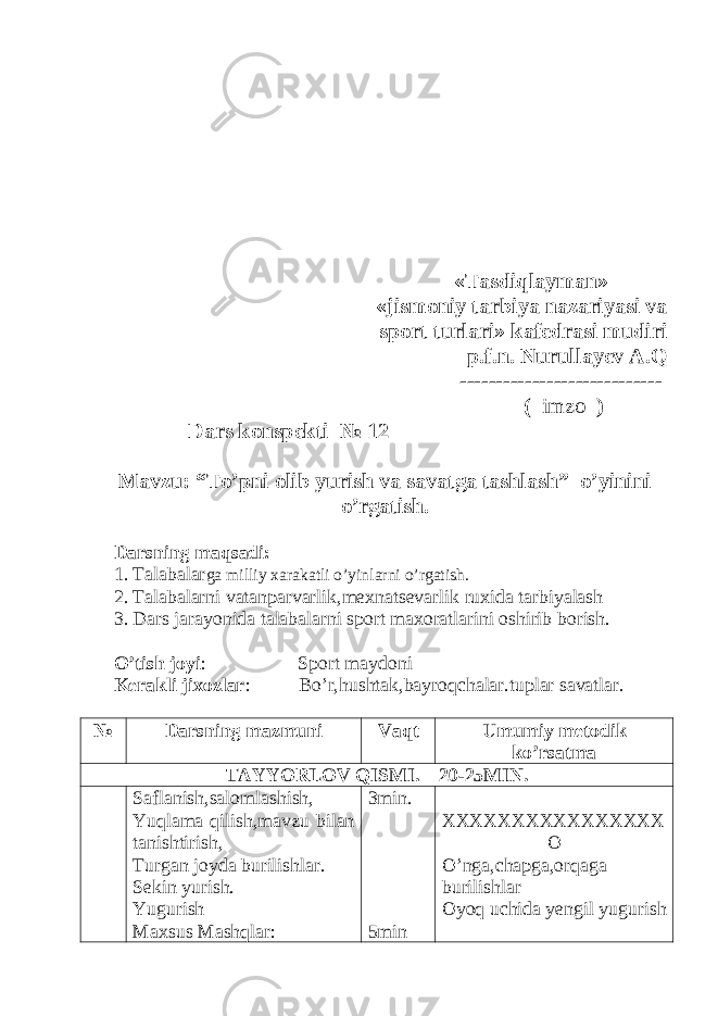  «Tasdiqlayman» «jismoniy tarbiya nazariyasi va sport turlari» kafedrasi mudiri p.f.n. Nurullayev A.Q ---------------------------- ( imzo ) Dars konspekti № 12 Mavzu: “To’pni olib yurish va savatga tashlash ” o’yinini o’rgatish. Darsning maqsadi: 1. Talabalar ga milliy xarakatli o’yinlarni o’rgatish. 2. Talabalarni vatanparvarlik,mexnatsevarlik ruxida tarbiyalash 3. Dars jarayonida talabalarni sport maxoratlarini oshirib borish. O’tish joyi : Sport maydoni Kerakli jixozlar : Bo’r,hushtak,bayroqchalar. tuplar savatlar . № Darsning mazmuni Vaqt Umumiy metodik ko’rsatma TAYYORLOV QISMI. 20-25MIN. Saflanish,salomlashish, Yuqlama qilish,mavzu bilan tanishtirish, Turgan joyda burilishlar. Sekin yurish. Yugurish Maxsus Mashqlar: 3min. 5min XXXXXXXXXXXXXXXX O O ’ nga , chapga , orqaga burilishlar Oyoq uchida yengil yugurish 