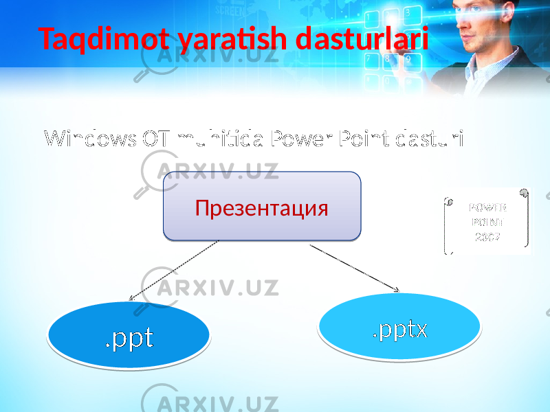 Taqdimot yaratish dasturlari Windows OT muhitida Power Point dasturi Презентация .ppt .pptx222324 192C2C 192C 