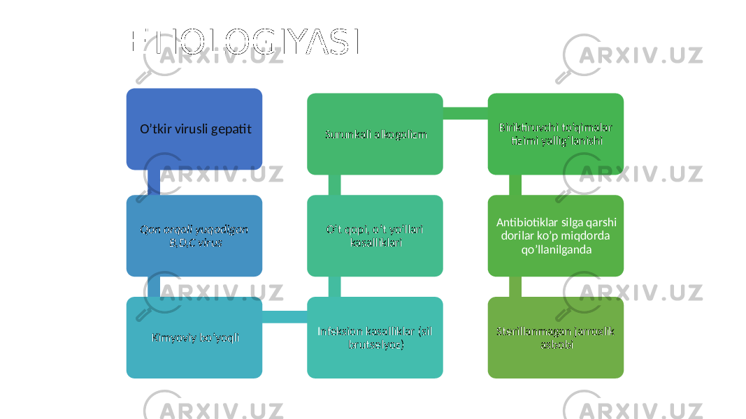 O’tkir virusli gepatit Qon orqali yuqadigan B,D,C virus Kimyoviy bo’yoqli I nfeksion kasalliklar (sil brutselyoz)O’t qopi, o’t yo’llari kasalliklari Surunkali alkogolizm Biriktiruvchi to’qimalar tizimi yallig’lanishi Antibiotiklar silga qarshi dorilar ko’p miqdorda qo’llanilganda Sterillanmagan jarroxlik asbobiETIOLOGIYASI 