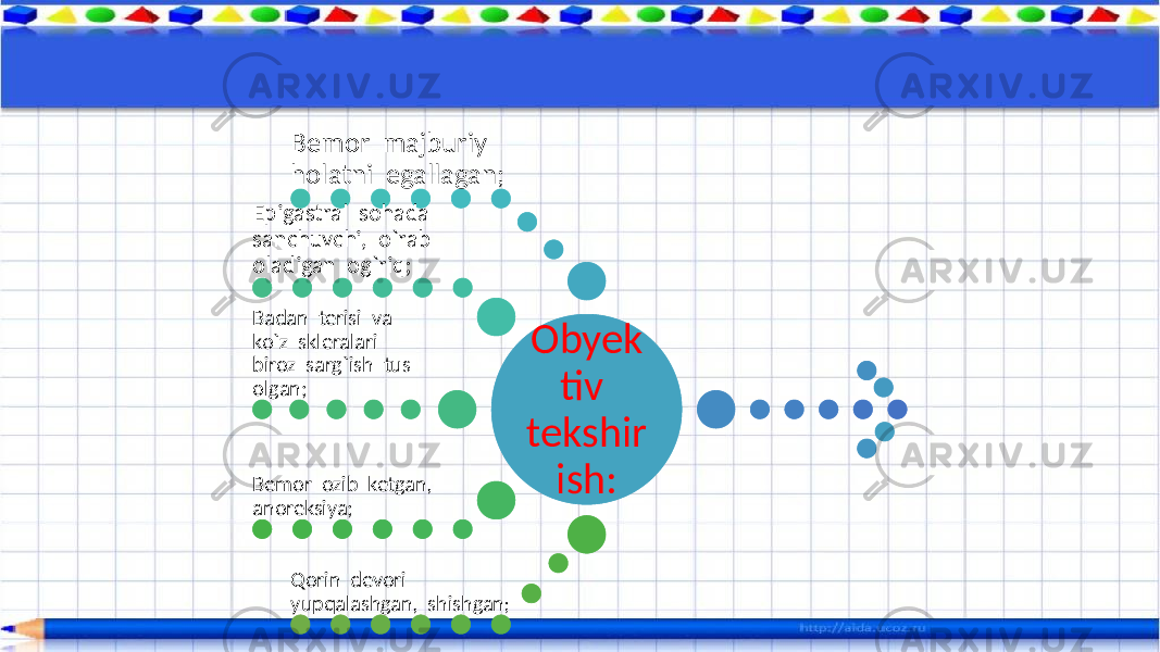 Obyek tiv tekshir ish:Bemor majburiy holatni egallagan; Epigastral sohada sanchuvchi, o`rab oladigan og`riq; Badan terisi va ko`z skleralari biroz sarg`ish tus olgan; Bemor ozib ketgan, anoreksiya; Qorin devori yupqalashgan, shishgan ; 