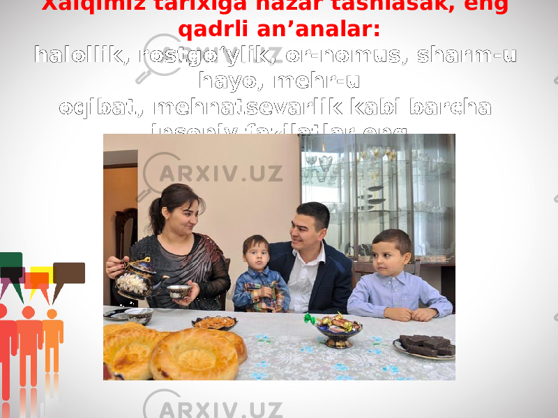 Xalqimiz tarixiga nazar tashlasak, eng qadrli an’analar: halollik, rostgo‘ylik, or-nomus, sharm-u hayo, mehr-u oqibat, mehnatsevarlik kabi barcha insoniy fazilatlar eng avvalo oilada shakllangan. 