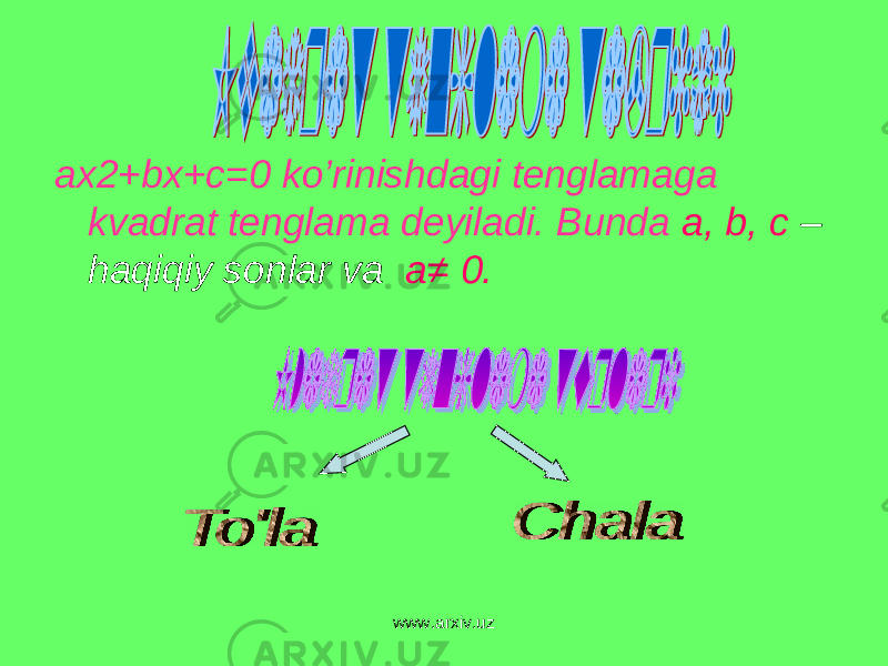 ax2+bx+c=0 ko’rinishdagi tenglamaga kvadrat tenglama deyiladi. Bunda a, b, c – haqiqiy sonlar va a ≠ 0 . www.arxiv.uz 