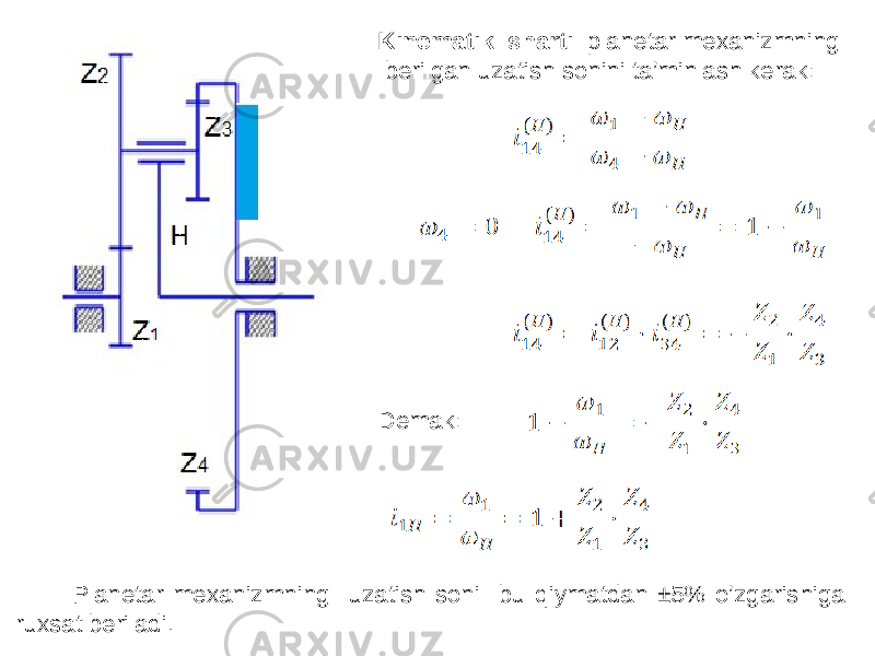 Kinematik sharti planetar mexanizmning berilgan uzatish sonini ta’minlash kerak: Demak: Planetar mexanizmning uzatish soni bu qiymatdan ±5% o’zgarishiga ruxsat beriladi. 