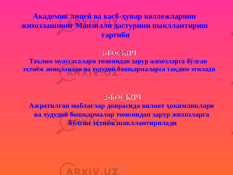 1-БОСҚИЧ Таълим муассасалари томонидан зарур жихозларга бўлган эҳтиёж аниқланади ва худудий бошқармаларга тақдим этилади Академик лицей ва касб-ҳунар коллежларини жихозлашнинг Манзилли дастурини шакллантириш тартиби 2-БОСҚИЧ Ажратилган маблағлар доирасида вилоят ҳокимликлари ва худудий бошқармалар томонидан зарур жихозларга бўлган эҳтиёж шакллантирилади www.arxiv.uz 