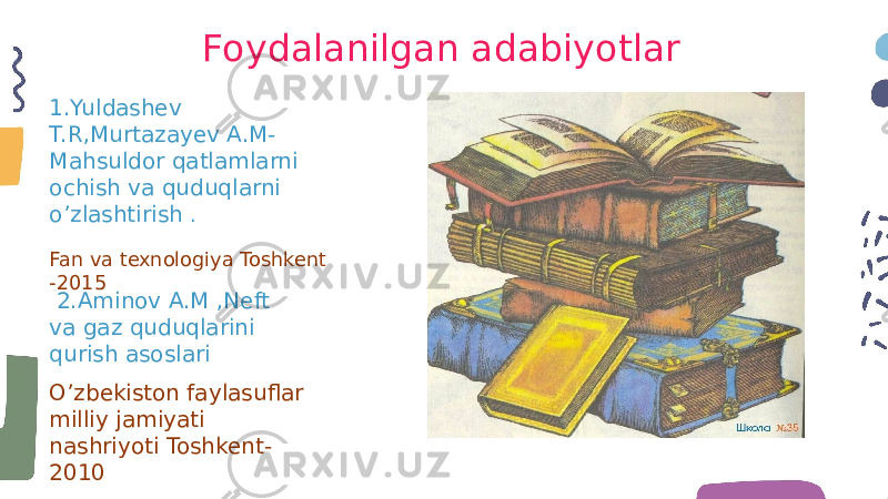 Foydalanilgan adabiyotlar 1.Yuldashev T.R,Murtazayev A.M- Mahsuldor qatlamlarni ochish va quduqlarni o’zlashtirish . Fan va texnologiya Toshkent -2015 2.Aminov A.M ,Neft va gaz quduqlarini qurish asoslari O’zbekiston faylasuflar milliy jamiyati nashriyoti Toshkent- 2010 