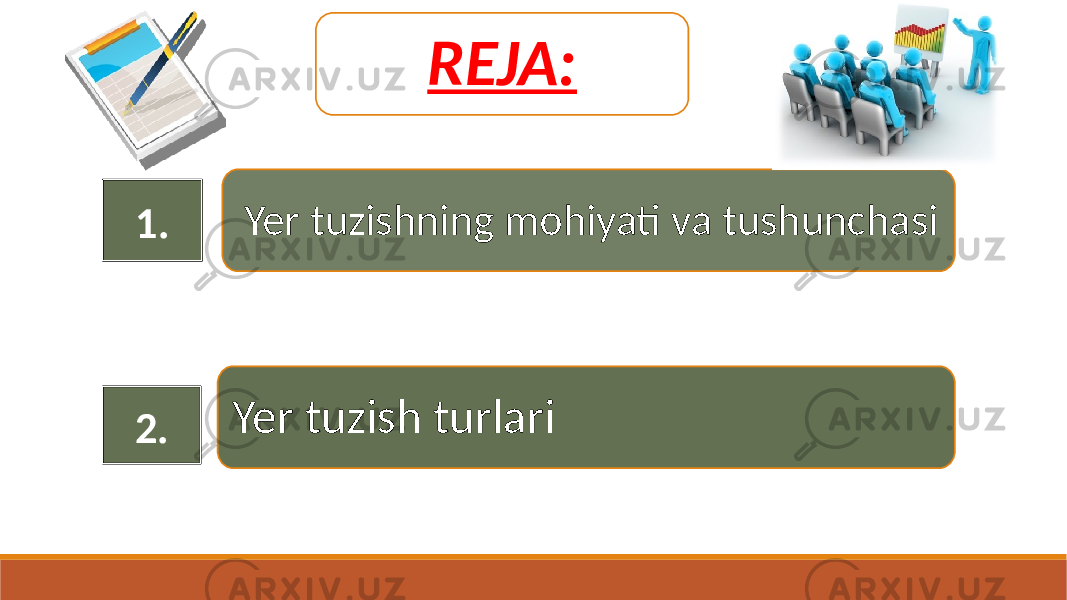  Yer tuzishning mohiyati va tushunchasi Yer tuzish turlari REJA: 1. 2. 