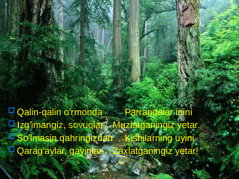  Qalin-qalin o&#39;rmonda Parrandalar inini  Izg&#39;imangiz, sovuqlar. Muzlatganingiz yetar.  So&#39;lmasin qahringizdan Kishilarning uyini  Qarag&#39;aylar, qayinlar. Zaxlatganingiz yetar! 