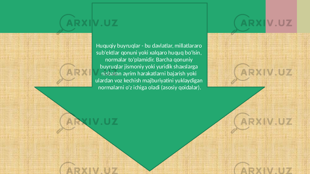 Huquqiy buyruqlar - bu davlatlar, millatlararo sub&#39;ektlar qonuni yoki xalqaro huquq bo&#39;lsin, normalar to&#39;plamidir. Barcha qonuniy buyruqlar jismoniy yoki yuridik shaxslarga nisbatan ayrim harakatlarni bajarish yoki ulardan voz kechish majburiyatini yuklaydigan normalarni o&#39;z ichiga oladi (asosiy qoidalar). 