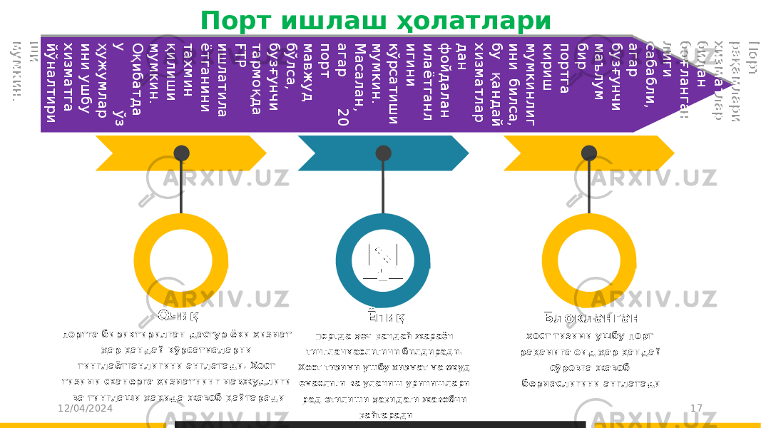 Порт ишлаш ҳолатлари 12/04/2024 17Очиқ портга бириктирилган дастур ёки хизмат ҳар қандай кўрсатмаларни тинглаётганлигини англатади. Хост тизими сканерга хизматнинг мавжудлиги ва тинглаши ҳақида жавоб қайтаради Ёпиқ портда ҳеч қандай жараён тингланмаслигини билдиради. Хост тизими ушбу хизмат мавжуд емаслиги ва уланиш уринишлари рад етилиши ҳақидаги жавобни қайтаради Блокланган хост тизими ушбу порт рақамига оид ҳар қандай сўровга жавоб бермаслигини англатадиП о р т р а қ а м л а р и х и зм а т л а р б и л а н б о ғ л а н га н л и ги са б а б л и , а га р б у зғ у н ч и м а ъ л у м б и р п о р т га к и р и ш м у м к и н л и г и н и б и л са , б у қ а н д а й х и зм а т л а р д а н ф о й д а л а н и л а ё т га н л и ги н и к ў р са т и ш и м у м к и н . М а са л а н , а га р 2 0 п о р т м а в ж у д б ў л са , б у зғ у н ч и т а р м о қ д а FT P и ш л а т и л а ё т га н и н и т а х м и н қ и л и ш и м у м к и н . О қ и б а т д а у ў з ҳ у ж у м л а р и н и у ш б у х и зм а т га й ў н а л т и р и ш и м у м к и н .0B 0C 0D 0E 0F 0D 10 11 10 12 13 10 0D 14 0F 15 14 1612 10 0E 13 10 0D 0F 17 14 13 10 18 0F 17 0C 19 13 10 18 1A10 18 13 14 1A14 0F 1B10 17 10 17 13 14 1C0F 10 1A10 0D 0F 17 1D 1619 1D 18 1E 14 0F 12 10 1F 13 1D 12 0F 17 14 0D 0F 20 0C 0D 0E 1A10 0F 21 14 0D 14 22 0F 12 1D 12 21 14 18 13 14 1A 14 18 14 0F 17 14 13 1B10 1C0F 17 1D 0F 11 10 18 23 10 24 0F 15 14 1612 10 0E 13 10 0D 23 10 18 0F 25 0C 24 23 10 13 10 18 14 13 10 26 0E 1A10 18 13 14 1A14 18 14 0F 21 27 0D 1B10 0E 14 22 14 0F 12 1D 12 21 14 18 280F 29 10 1B10 13 10 18 1C0F 10 1A10 0D 0F 03 05 0F 20 0C 0D 0E 0F 12 10 2A 2B 1D 23 0F 17 27 13 1B10 1C0F 17 1D 1619 1D 18 1E 14 0F 0E 10 0D 12 0C 11 23 10 0F 2C2D 2E 0F 14 22 13 10 0E 14 13 10 26 0E 1A10 18 14 18 14 0F 0E 10 15 12 14 18 0F 11 14 13 14 22 14 0F 12 1D 12 21 14 18 280F 2F 11 14 17 10 0E 23 10 0F 1D 0F 27 160F 30 1D 2B 1D 12 13 10 0D 14 18 14 0F1D 22 17 1D 0F 15 14 1612 10 0E 1A10 0F 24 27 18 10 13 0E 14 0D 14 22 14 0F 12 1D 12 21 14 18 28 