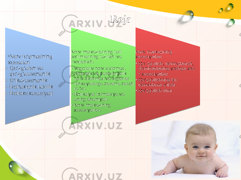 Reja • “ Nerv to’qmasining xossalari. • Qo’zg’alish va qo’zg’aluvchanlik. • O’tkazuvchanlik • Refrakterlik,labillik. • Refleks xususiyati. Nerv markazlarining turli bo‘limlarining tuzilishi va rivojlanishi. • Vegetativ nerv sistemasi. Simpatik va parasimpatik nerv sistemasi va organlar funksiyalariga qarama qarshi ta ’sri. • Retikulyar formatsiya va uning ahamiyati. • Nerv markazining xususiyatlari. Nerv markazining xususiyatlari. • Qo ‘zg‘alish, tormozlanish, dominantaning yoshga xos • xususiyatlari. • Qo’zg’alishning bir tomonlama o’tishi. • Qo’zg’alish ritmi. 01 01 02 11 14 15 0A0809 14 1B 14 1C 14 1C 02 1F0821 04 14 23 24 0F0304 1D 07 14 1C 180F0E 14 02 11 02 11180D 14 15 26080B 01 11180D 14 15 07 14 15 