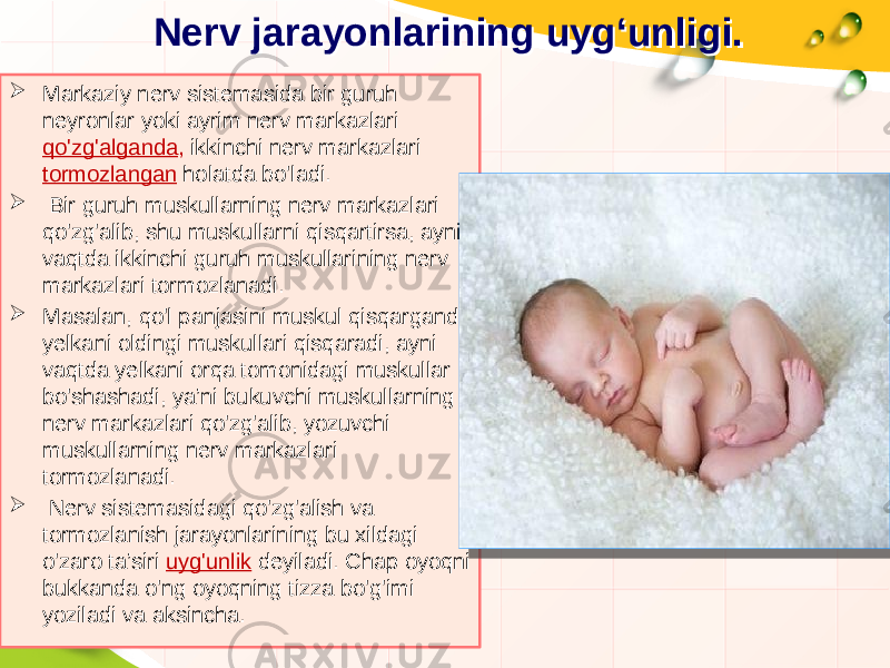 Nerv jarayonlarining uyg‘unligi. Nerv jarayonlarining uyg‘unligi.  Markaziy nerv sistemasida bir guruh neyronlar yoki ayrim nerv markazlari qo&#39;zg&#39;alganda , ikkinchi nerv markazlari tormozlangan holatda bo&#39;ladi.  Bir guruh muskullarning nerv markazlari qo&#39;zg&#39;alib, shu muskullarni qisqartirsa, ayni vaqtda ikkinchi guruh muskullarining nerv markazlari tormozlanadi.  Masalan, qo&#39;l panjasini muskul qisqarganda yelkani oldingi muskullari qisqaradi, ayni vaqtda yelkani orqa tomonidagi muskullar bo&#39;shashadi, ya’ni bukuvchi muskullarning nerv markazlari qo&#39;zg&#39;alib, yozuvchi muskullarning nerv markazlari tormozlanadi.  Nerv sistemasidagi qo&#39;zg&#39;alish va tormozlanish jarayonlarining bu xildagi o&#39;zaro ta’siri uyg&#39;unlik deyiladi. Chap oyoqni bukkanda o&#39;ng oyoqning tizza bo&#39;g&#39;imi yoziladi va aksincha. 