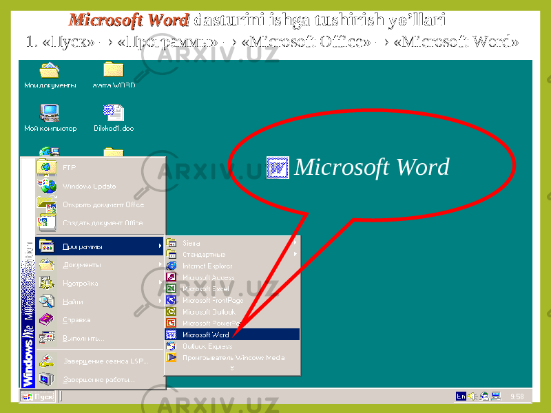 Microsoft Word Microsoft Word dasturini ishga tushirish y o’ llari 1. «Пуск»  «Программы»  « Microsoft Office »  « Microsoft Word » Microsoft Word 