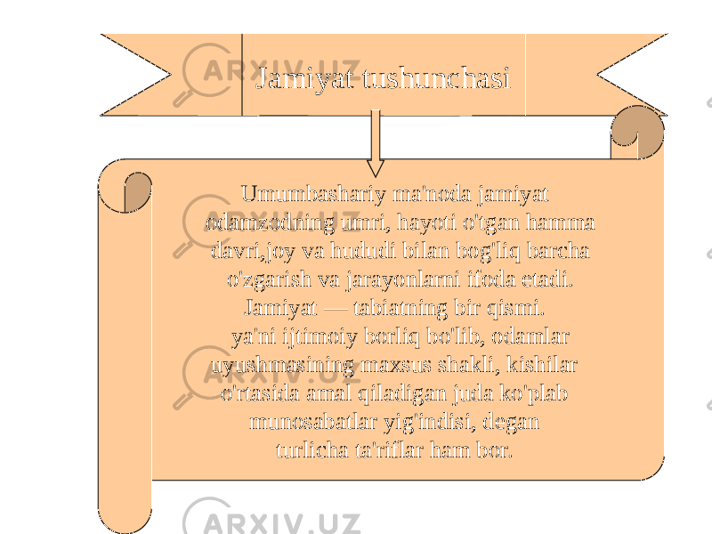 Jamiyat tushunchasi Umumbashariy ma&#39;noda jamiyat odamzodning umri, hayoti o&#39;tgan hamma davri,joy va hududi bilan bog&#39;liq barcha o&#39;zgarish va jarayonlarni ifoda etadi. Jamiyat — tabiatning bir qismi. ya&#39;ni ijtimoiy borliq bo&#39;lib, odamlar uyushmasining maxsus shakli, kishilar o&#39;rtasida amal qiladigan juda ko&#39;plab munosabatlar yig&#39;indisi, degan turlicha ta&#39;riflar ham bor. 