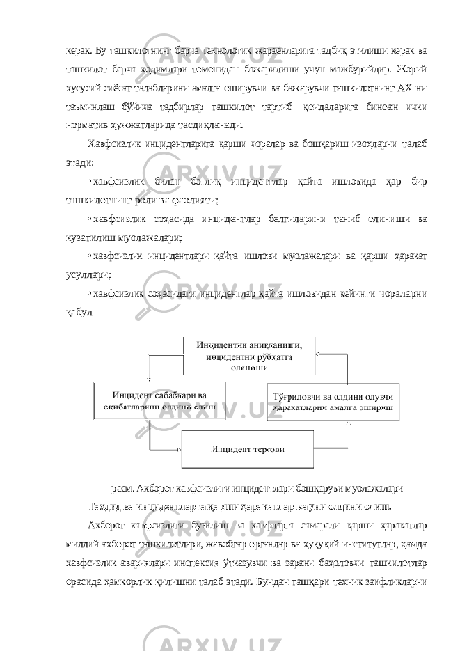 керак. Бу ташкилотнинг барча технологик жараёнларига тадбиқ этилиши керак ва ташкилот барча ходимлари томонидан бажарилиши учун мажбурийдир. Жорий хусусий сиёсат талабларини амалга оширувчи ва бажарувчи ташкилотнинг АХ ни таъминлаш бўйича тадбирлар ташкилот тартиб- қоидаларига биноан ички норматив ҳужжатларида тасдиқланади. Хавфсизлик инцидентларига қарши чоралар ва бошқариш изоҳларни талаб этади: • хавфсизлик билан боғлиқ инцидентлар қайта ишловида ҳар бир ташкилотнинг роли ва фаолияти; • хавфсизлик соҳасида инцидентлар белгиларини таниб олиниши ва кузатилиш муолажалари; • хавфсизлик инцидентлари қайта ишлови муолажалари ва қарши ҳаракат усуллари; • хавфсизлик соҳасидаги инцидентлар қайта ишловидан кейинги чораларни қабул расм. Ахборот хавфсизлиги инцидентлари бошқаруви муолажалари Таҳдид ва инцидентларга қарши ҳаракатлар ва уни олдини олиш. Ахборот хавфсизлиги бузилиш ва хавфларга самарали қарши ҳаракатлар миллий ахборот ташкилотлари, жавобгар органлар ва ҳуқуқий институтлар, ҳамда хавфсизлик авариялари инспексия ўтказувчи ва зарани баҳоловчи ташкилотлар орасида ҳамкорлик қилишни талаб этади. Бундан ташқари техник заифликларни 