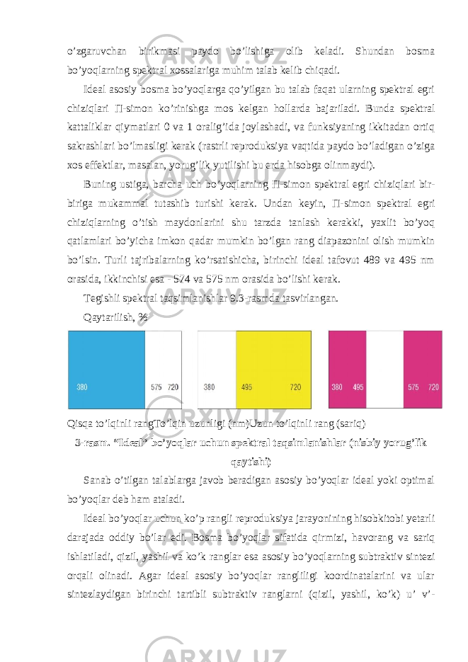 o’zgaruvchan birikmasi paydo bo’lishiga olib keladi. Shundan bosma bo’yoqlarning spektral xossalariga muhim talab kelib chiqadi. Ideal asosiy bosma bo’yoqlarga qo’yilgan bu talab faqat ularning spektral egri chiziqlari П -simon ko’rinishga mos kelgan hollarda bajariladi. Bunda spektral kattaliklar qiymatlari 0 va 1 oralig’ida joylashadi, va funksiyaning ikkitadan ortiq sakrashlari bo’lmasligi kerak (rastrli reproduksiya vaqtida paydo bo’ladigan o’ziga xos effektlar, masalan, yorug’lik yutilishi bu erda hisobga olinmaydi). Buning ustiga, barcha uch bo’yoqlarning П -simon spektral egri chiziqlari bir- biriga mukammal tutashib turishi kerak . Undan keyin, П -simon spektral egri chiziqlarning o’tish maydonlarini shu tarzda tanlash kerakki, yaxlit bo’yoq qatlamlari bo’yicha imkon qadar mumkin bo’lgan rang diapazonini olish mumkin bo’lsin. Turli tajribalarning ko’rsatishicha, birinchi ideal tafovut 489 va 495 nm orasida, ikkinchisi esa - 574 va 575 nm orasida bo’lishi kerak. Tegishli spektral taqsimlanishlar 9.3-rasmda tasvirlangan. Qaytarilish, % Qisqa to’lqinli rang To’lqin uzunligi (nm) Uzun to’lqinli rang (sariq) 3-rasm. “Ideal” bo’yoqlar uchun spektral taqsimlanishlar (nisbiy yorug’lik qaytishi) Sanab o’tilgan talablarga javob beradigan asosiy bo’yoqlar ideal yoki optimal bo’yoqlar deb ham ataladi. Ideal bo’yoqlar uchun ko’p rangli reproduksiya jarayonining hisobkitobi yetarli darajada oddiy bo’lar edi. Bosma bo’yoqlar sifatida qirmizi, havorang va sariq ishlatiladi, qizil, yashil va ko’k ranglar esa asosiy bo’yoqlarning subtraktiv sintezi orqali olinadi. Agar ideal asosiy bo’yoqlar rangliligi koordinatalarini va ular sintezlaydigan birinchi tartibli subtraktiv ranglarni (qizil, yashil, ko’k) u’ v’- 